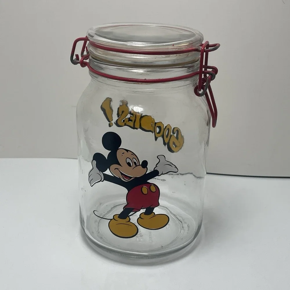 VTG Anchor Hocking Walt Disney Mickey Mouse Goodies Glass‎ Locking Canister Jar